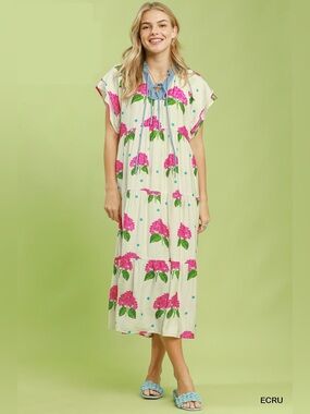 Umgee Hydrangea Print Tiered Midi Dress 🌸💙🛍️